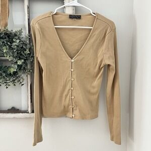 Bagatelle Camel Tan Rubbed Stretchy Button Up Shirt Capsule Wardrobe Basic Small